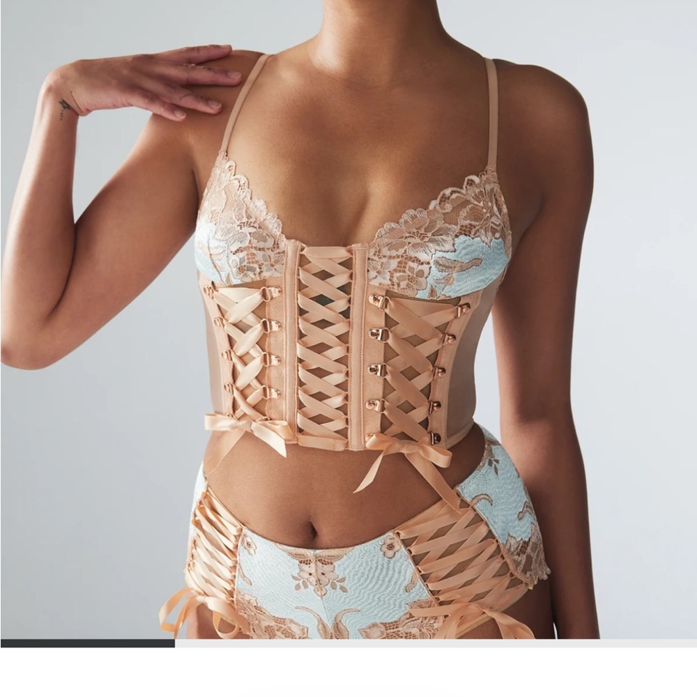 Savage x Fenty XS Matching Satin & Lace Corset Set - Nude & Mint - Picture 5 of 5